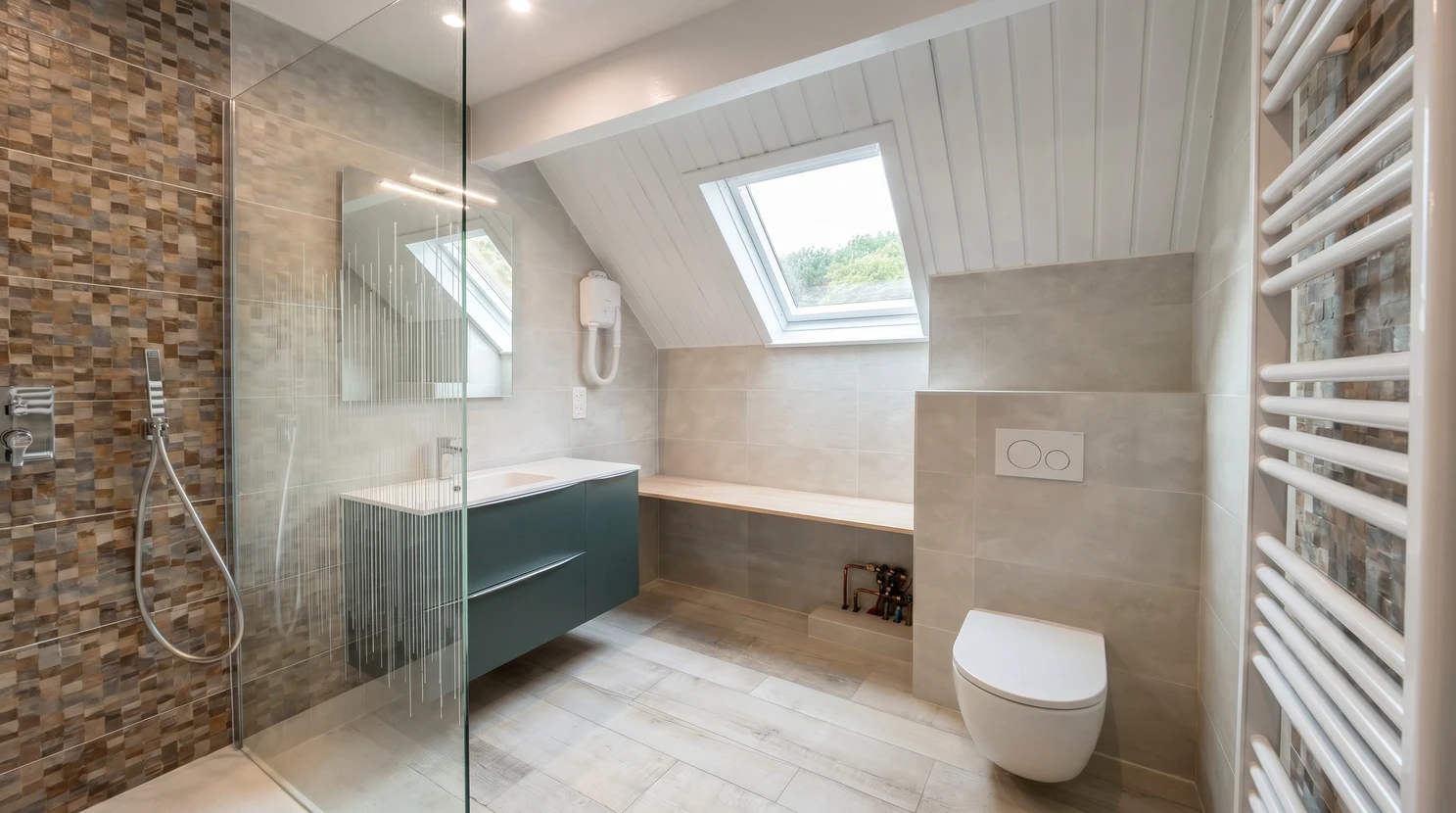 Salle de bain moderne avec baignoire îlot blanche, douche à l'italienne vitrée, vasque sur plan bois, WC suspendu